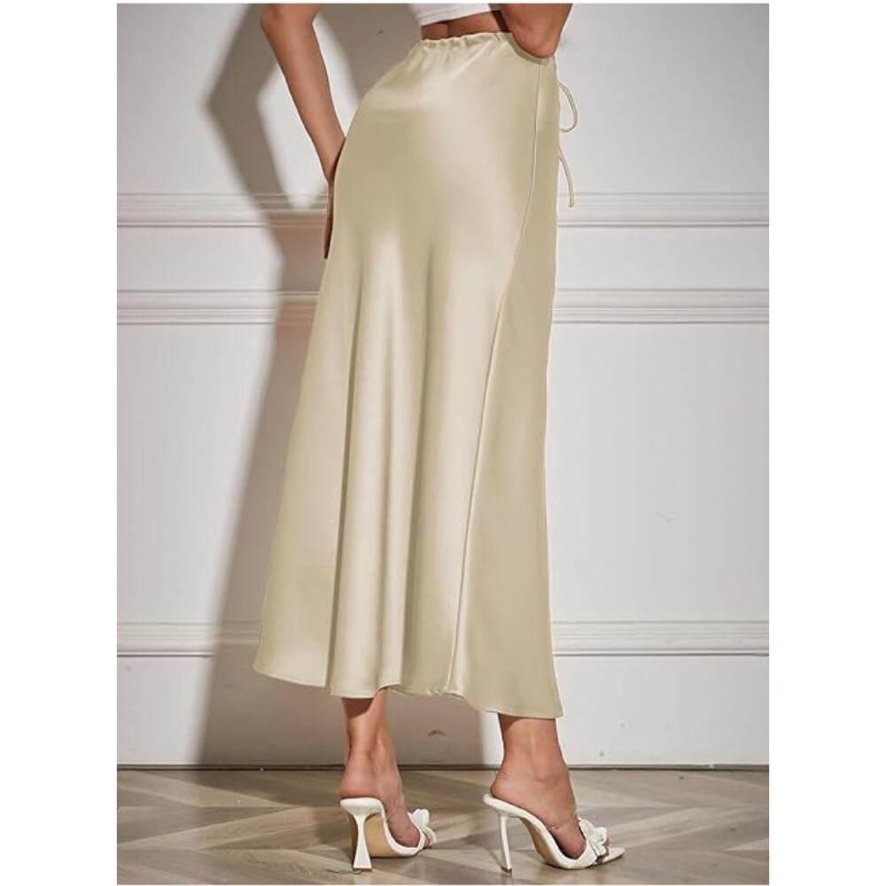 Women's Maxi Skirts Satin Drawstring High Waisted Silk Elegant Flowy Casual - Picture 2 of 4